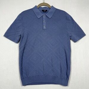 REISS Shirt‎ Mens Medium Lupton Press Stud Square Textured Polo Air Force Blue